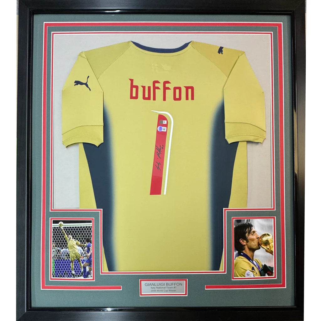 Framed autographed Gianluigi Buffon Italy gold soccer jersey with Puma logo