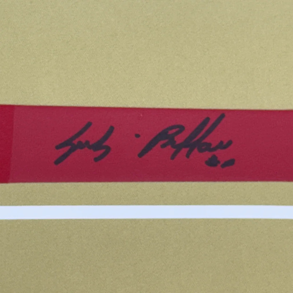 Red rectangular label with black Gianluigi Buffon signature on framed Italy Gold jersey