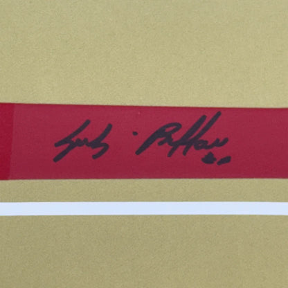 Red rectangular label with black Gianluigi Buffon signature on framed Italy Gold jersey