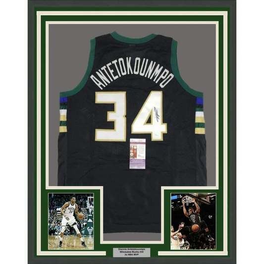 Framed Autographed Giannis Antetokounmpo 35x39 Milwaukee Black Basketball Jersey JSA COA | Hall of Fame Sports Memorabilia | vintageantiquesgifts.com