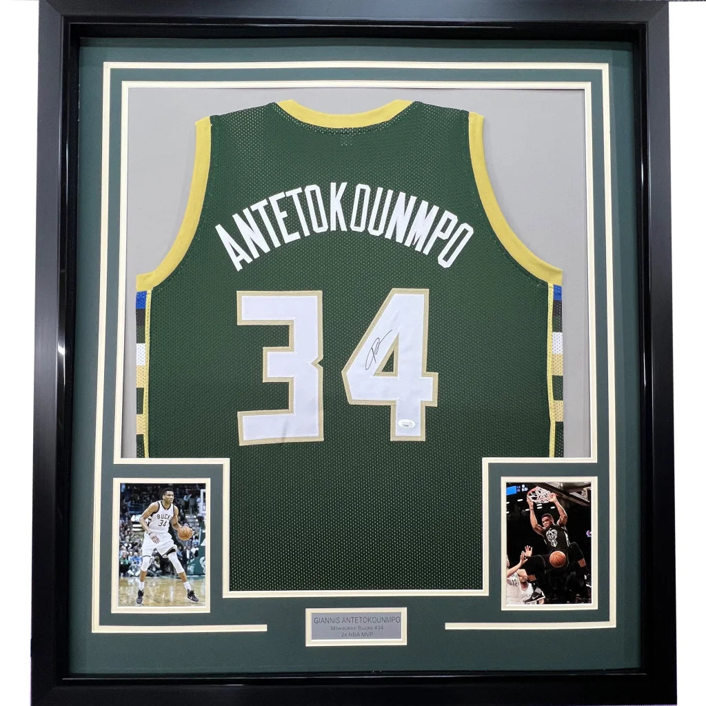 Framed autographed Giannis Antetokounmpo green jersey with number 34