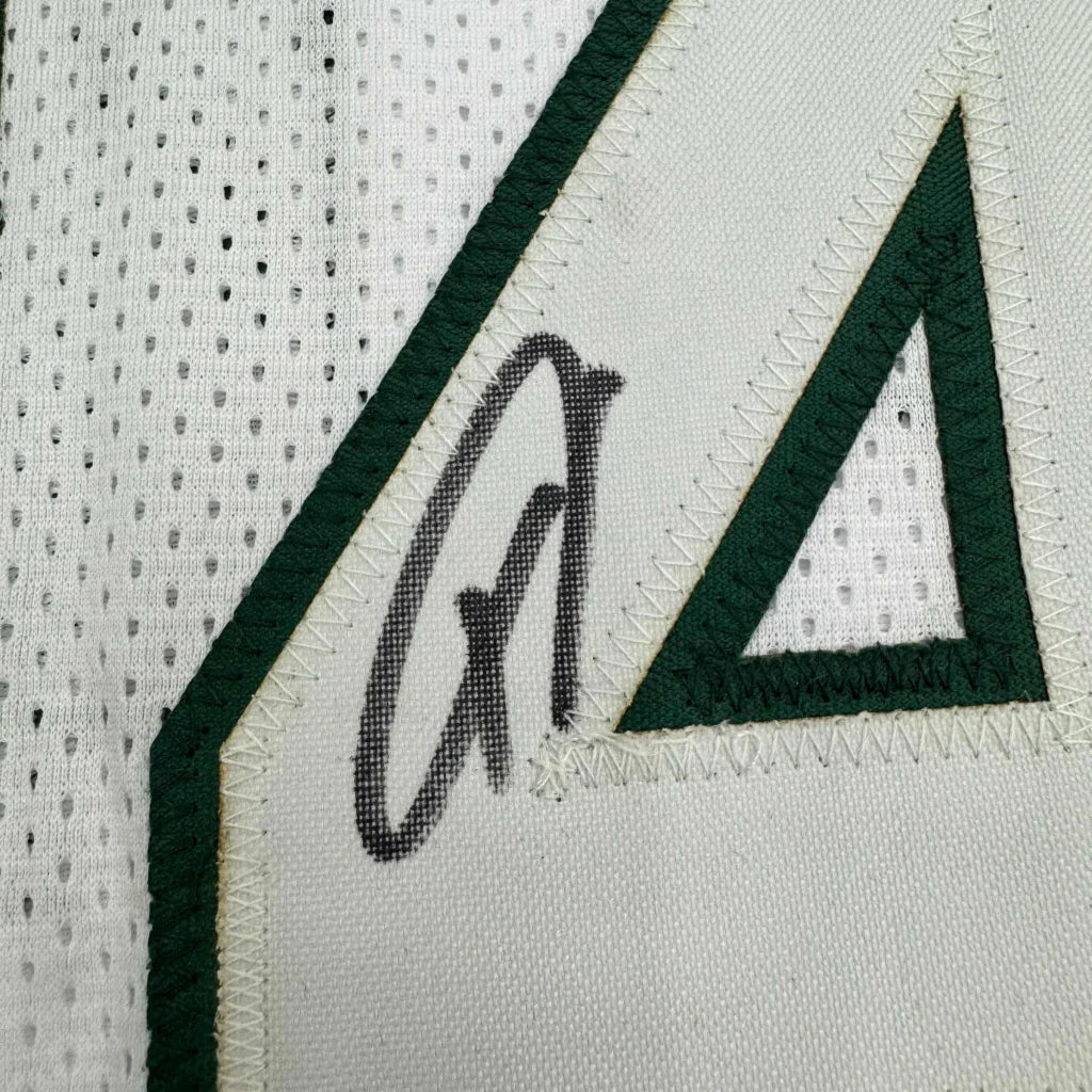 White Giannis Antetokounmpo jersey with green trim and autograph for your man cave