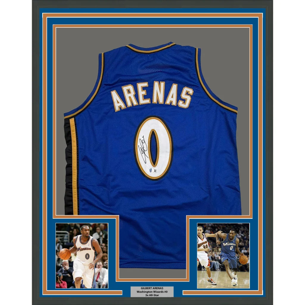 Framed autographed Gilbert Arenas Washington Wizards blue jersey back, #0