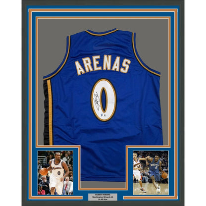 Framed autographed Gilbert Arenas Washington Wizards blue jersey back, #0