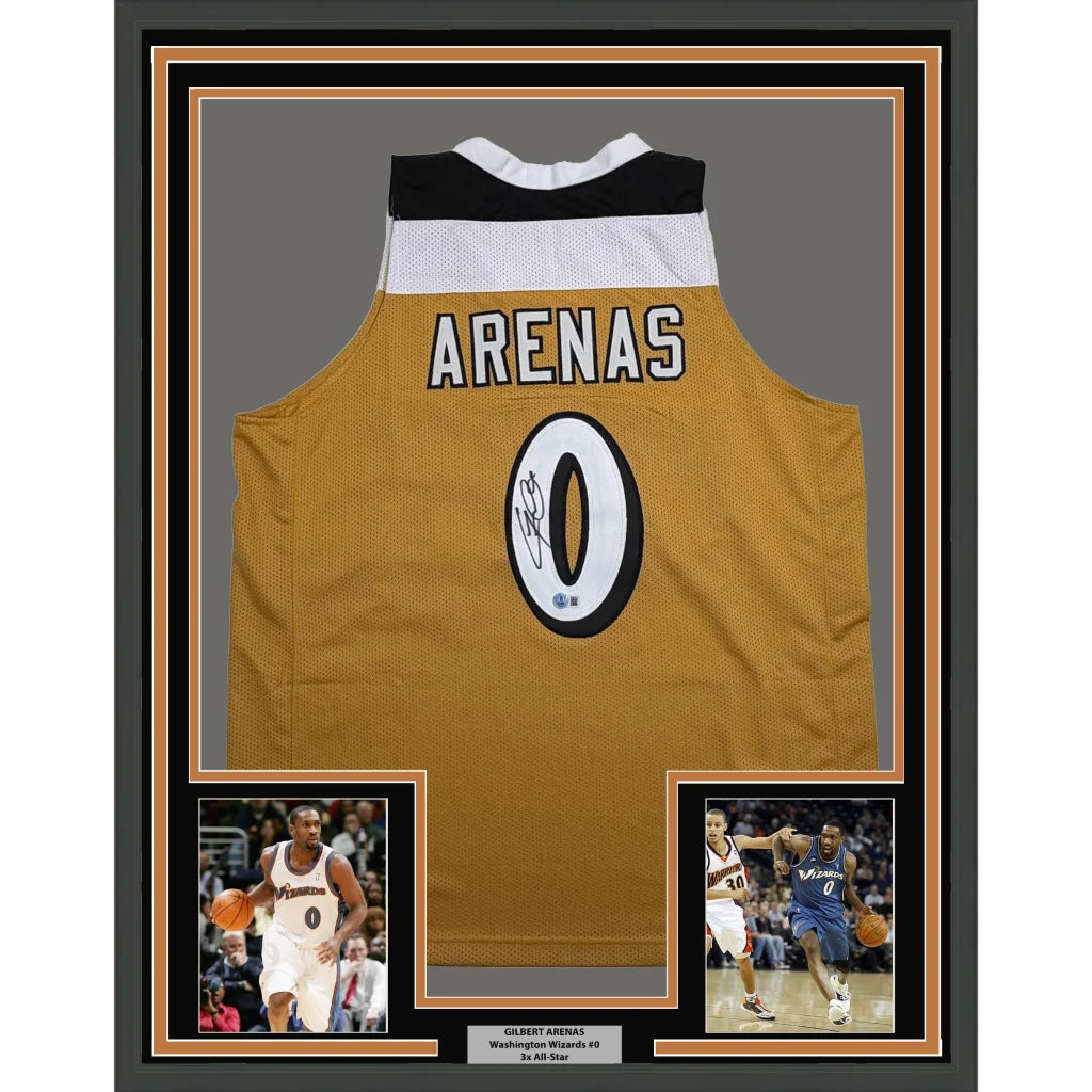 Framed autographed Gilbert Arenas gold jersey back with Arenas and number 0