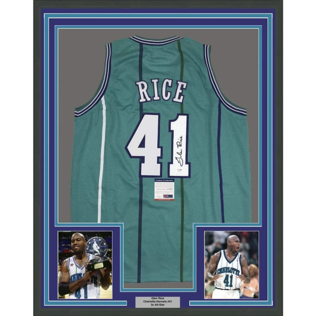 Framed teal Glen Rice basketball jersey with 41 and signature, flanked by two player photos