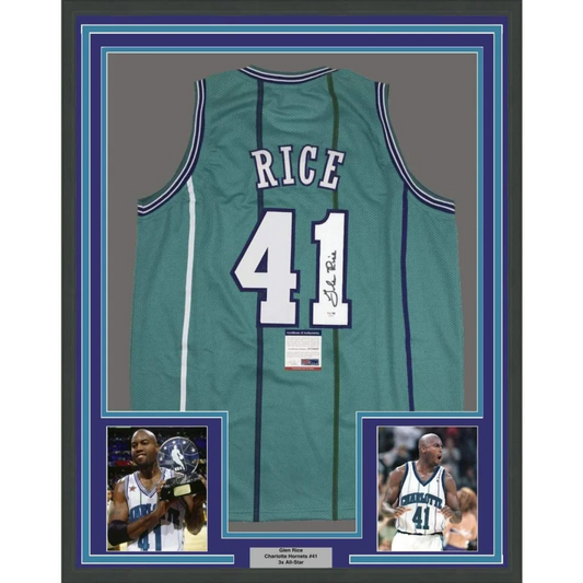Framed teal Glen Rice basketball jersey with 41 and signature, flanked by two player photos