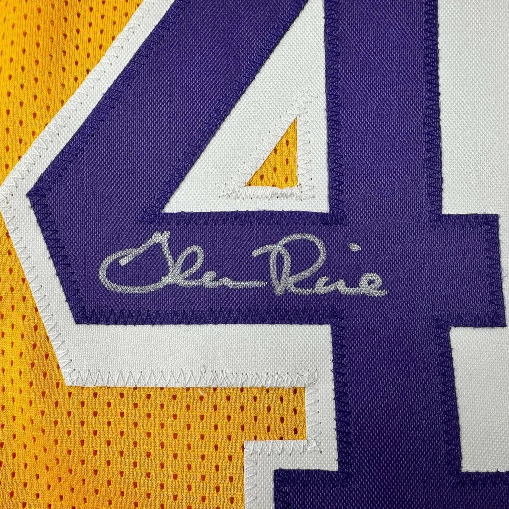 Framed autographed Glen Rice purple and gold No. 4 LA jersey patch