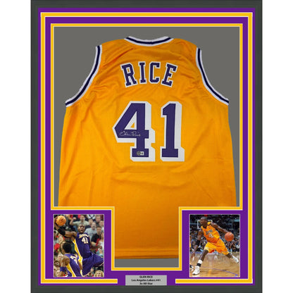 Framed signed Glen Rice Lakers jersey with player photos ready to hang display