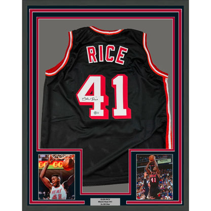 Framed Glen Rice Miami Black Basketball jersey autographed with Beckett BAS COA and player photos