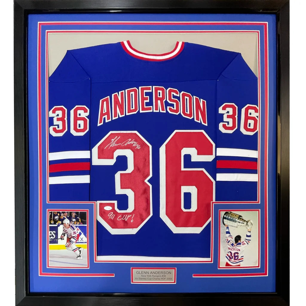 Framed Autographed Glenn Anderson 94 SC Champs 35x39 New York Blue Hockey Jersey JSA COA | Hall of Fame Sports Memorabilia | vintageantiquesgifts.com