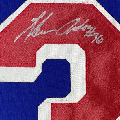 Framed Autographed Glenn Anderson 94 SC Champs 35x39 New York Blue Hockey Jersey JSA COA | Certified Authentic Signed Memorabilia | vintageantiquesgifts.com