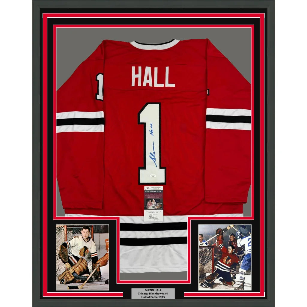 Framed Autographed Glenn Hall 35x39 Chicago Red Hockey Jersey JSA COA | Hall of Fame Sports Memorabilia | vintageantiquesgifts.com