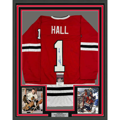 Framed Autographed Glenn Hall 35x39 Chicago Red Hockey Jersey JSA COA | Hall of Fame Sports Memorabilia | vintageantiquesgifts.com