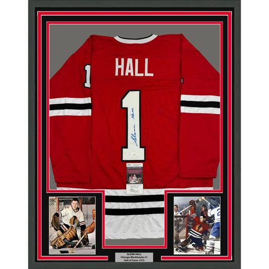 Framed Autographed Glenn Hall 35x39 Chicago Red Hockey Jersey JSA COA | Hall of Fame Sports Memorabilia | vintageantiquesgifts.com