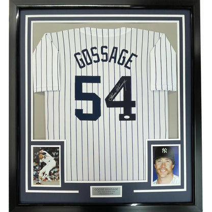 Framed signed Goose Gossage Yankees jersey displayed in the Goose Gossage Signed Yankees Jersey Ready to Hang Masterpiece