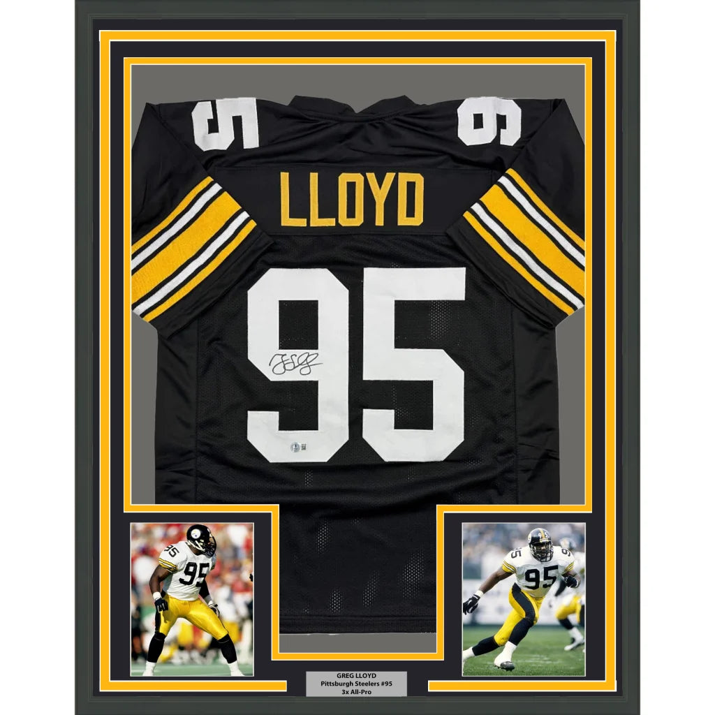 Framed Autographed/Signed Greg Lloyd 35x39 Pittsburgh Black Football Jersey Beckett BAS COA