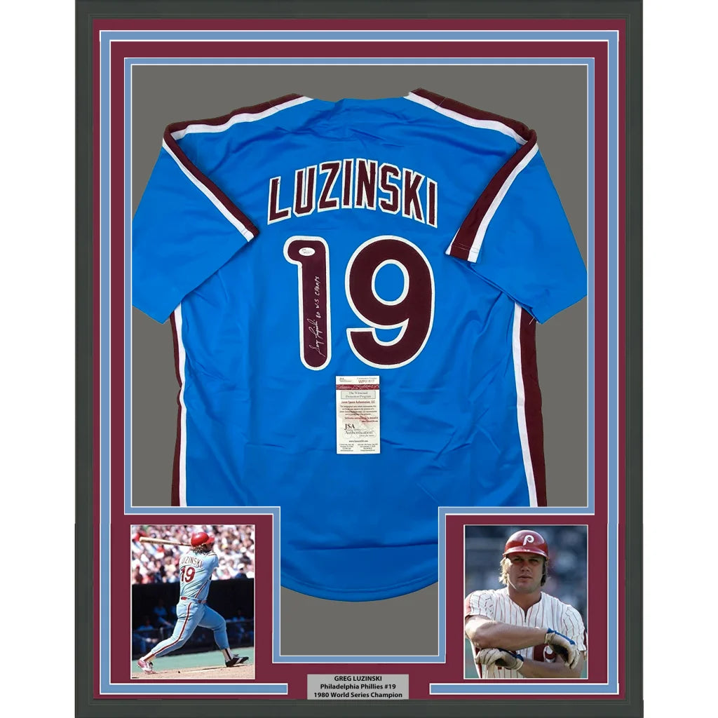 Framed autographed Greg Luzinski Phillies retro blue jersey with Luzinski 19, JSA COA