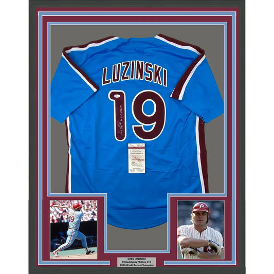 Framed autographed Greg Luzinski Phillies retro blue jersey with Luzinski 19, JSA COA