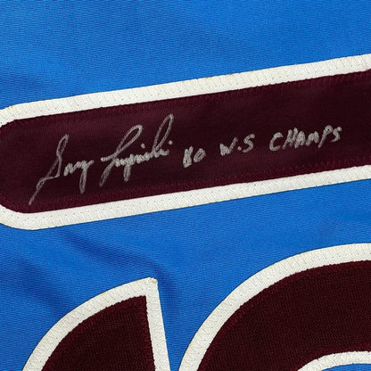 Maroon Larry Bird 1980 NBA Champs patch on framed autographed Phillies jersey