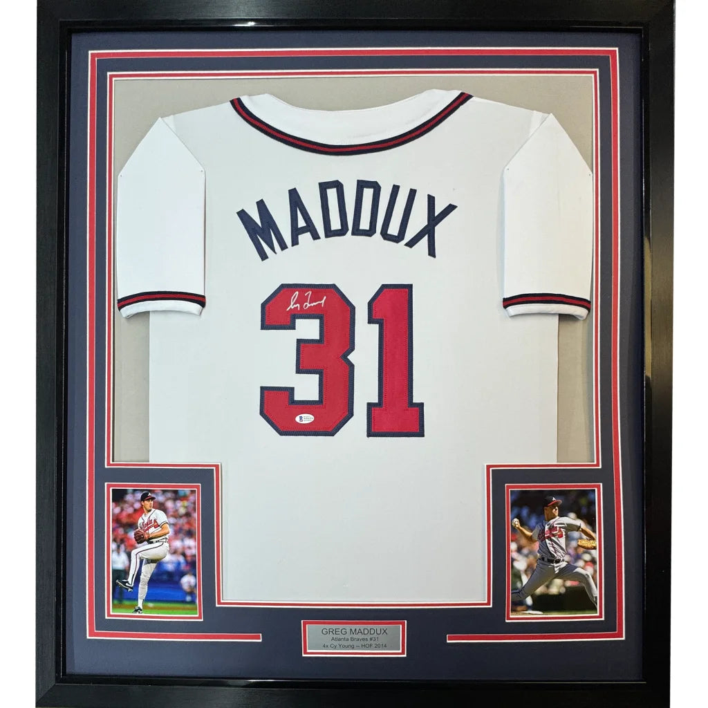 Framed autographed baseball jersey with photos and nameplate for display and collection