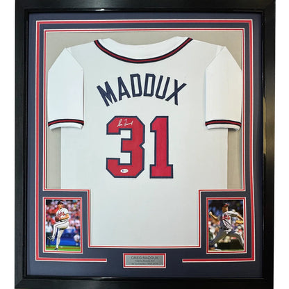 Framed autographed baseball jersey with photos and nameplate for display and collection