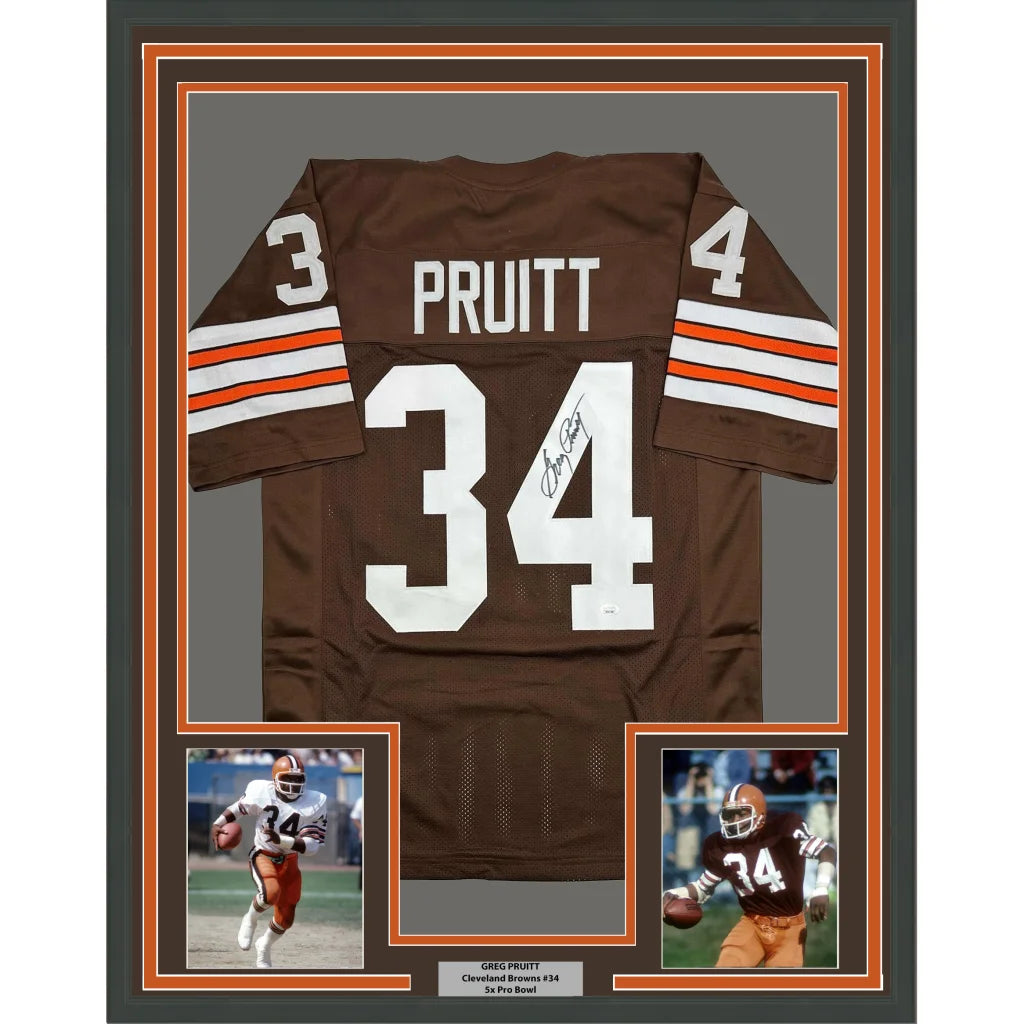 Framed Autographed Greg Pruitt 35x39 Cleveland Brown Football Jersey JSA COA | Hall of Fame Sports Memorabilia | vintageantiquesgifts.com