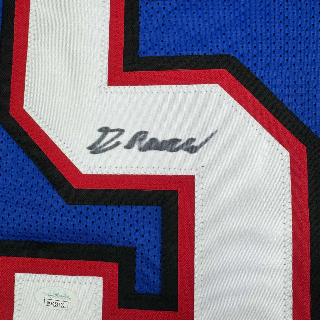 Blue Buffalo Bills sports jersey with white, red, black numbers and autograph for framing