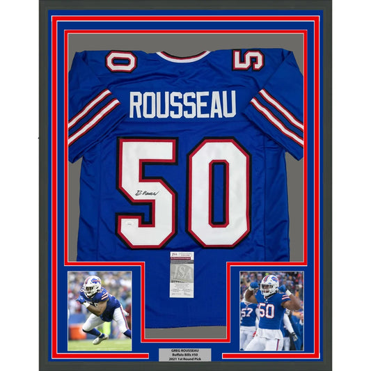 Framed and matted Buffalo Bills jersey with player photos and authentication ready to hang