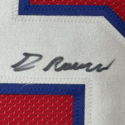 Black ink d signature on framed autographed Greg Rousseau Buffalo jersey JSA COA