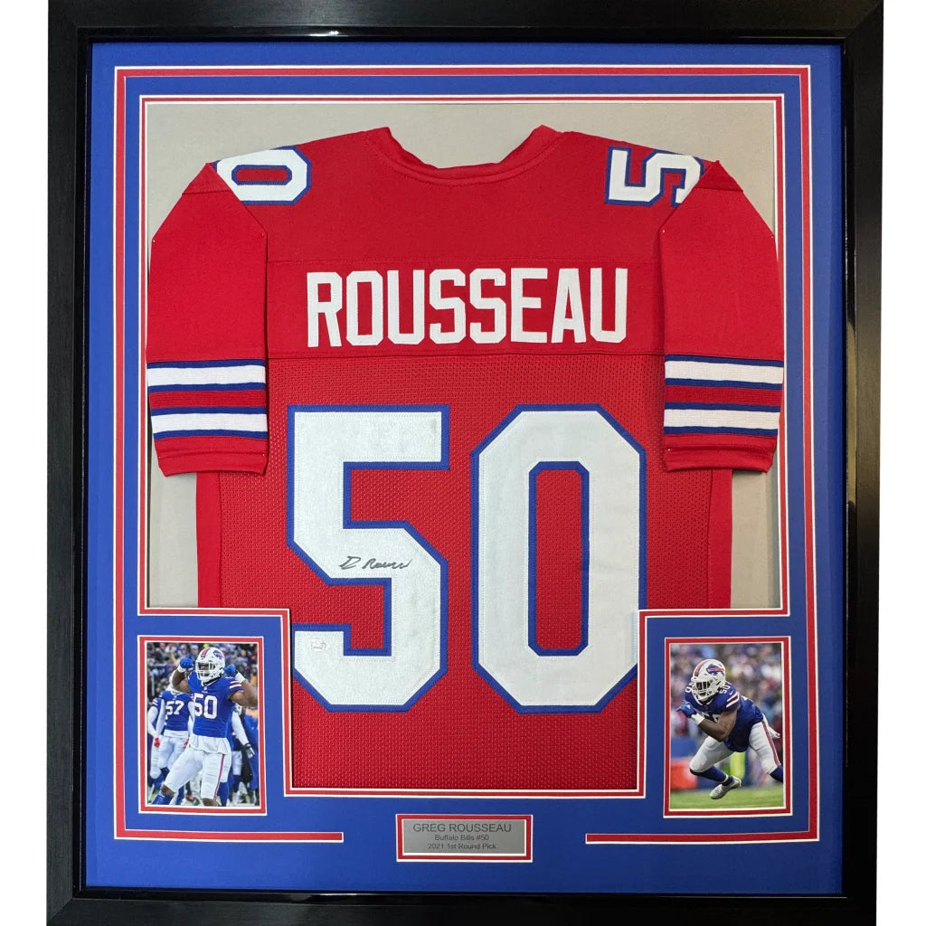 Framed autographed Greg Rousseau Buffalo Bills red jersey number 50 JSA COA