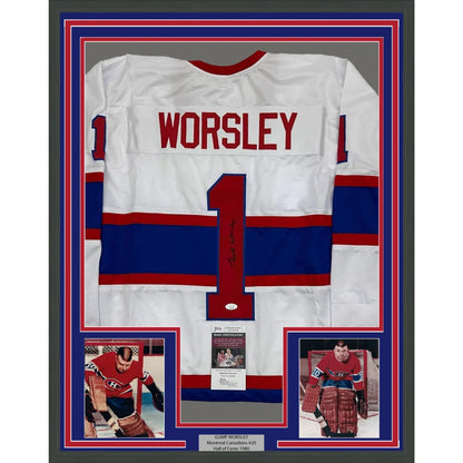 Framed Autographed Gump Worsley 35x39 Montreal White Hockey Jersey JSA COA | Hall of Fame Sports Memorabilia | vintageantiquesgifts.com