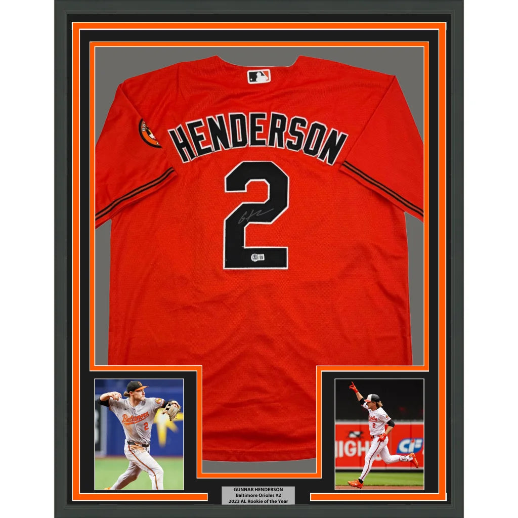 Framed autographed Gunnar Henderson Baltimore Orioles orange jersey with number 2