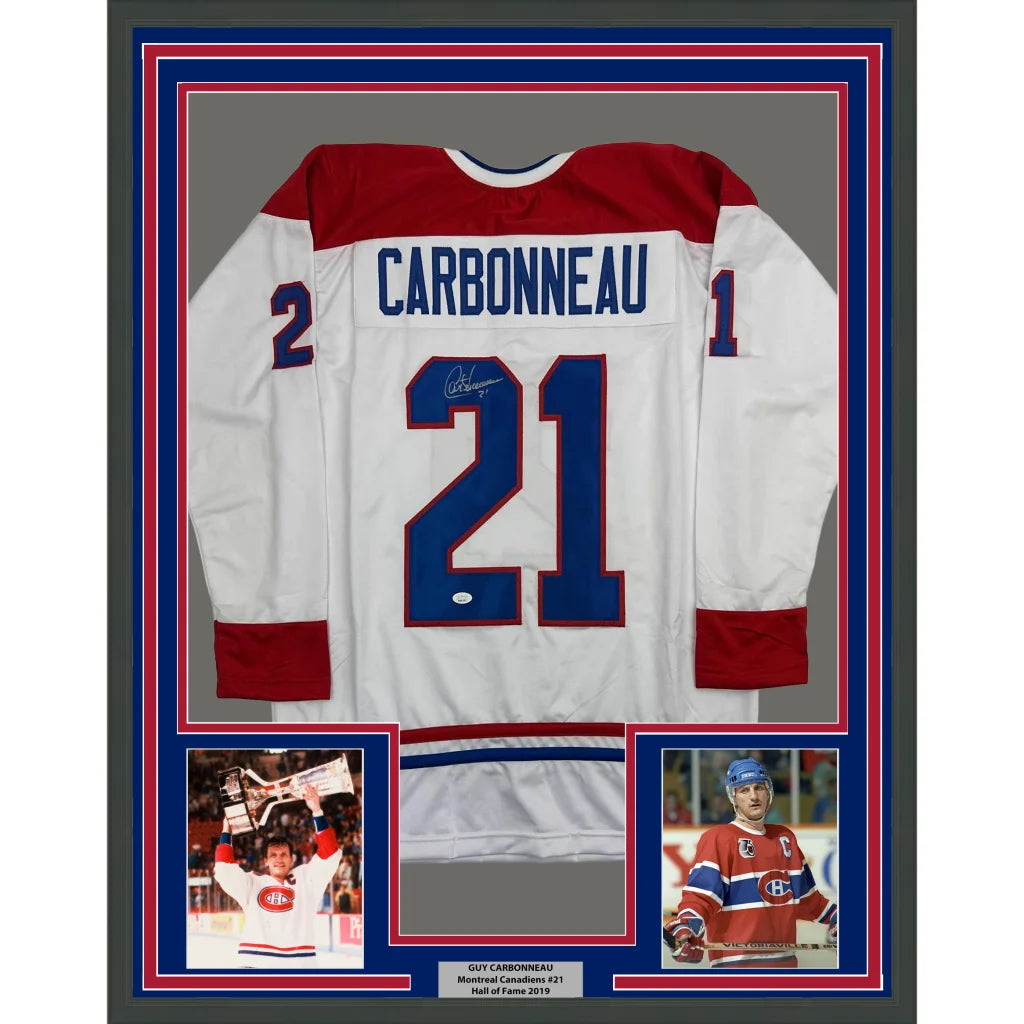 Framed Autographed Guy Carbonneau 35x39 Montreal White Hockey Jersey JSA COA | Hall of Fame Sports Memorabilia | vintageantiquesgifts.com