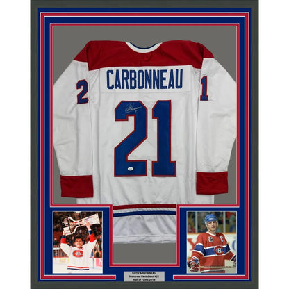 Framed Autographed Guy Carbonneau 35x39 Montreal White Hockey Jersey JSA COA | Hall of Fame Sports Memorabilia | vintageantiquesgifts.com