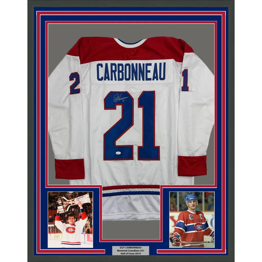 Framed Autographed Guy Carbonneau 35x39 Montreal White Hockey Jersey JSA COA | Hall of Fame Sports Memorabilia | vintageantiquesgifts.com