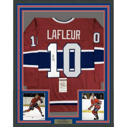 Framed autographed Guy Lafleur Montreal Canadiens red jersey #10