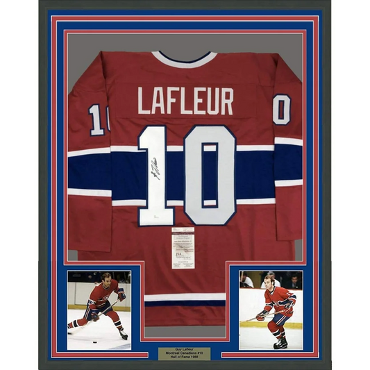 Framed Autographed Guy LaFleur 35x39 Montreal Red Hockey Jersey JSA COA | Hall of Fame Sports Memorabilia | vintageantiquesgifts.com