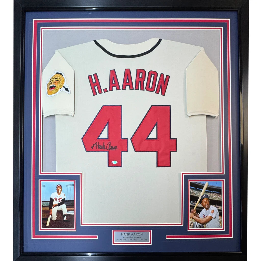 Framed autographed Hank Aaron Atlanta Braves jersey with h. in red, Steiner COA