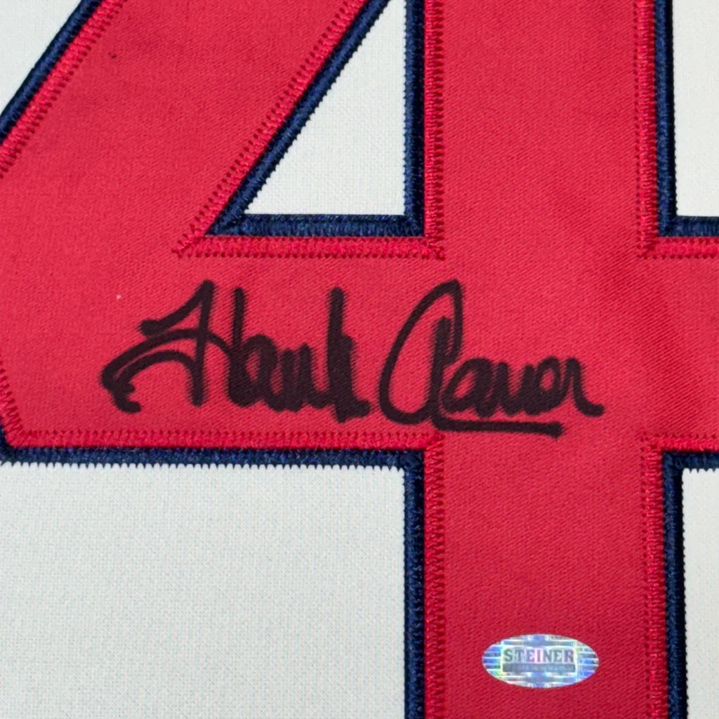 Framed autographed Hank Aaron Atlanta Braves jersey with number 4