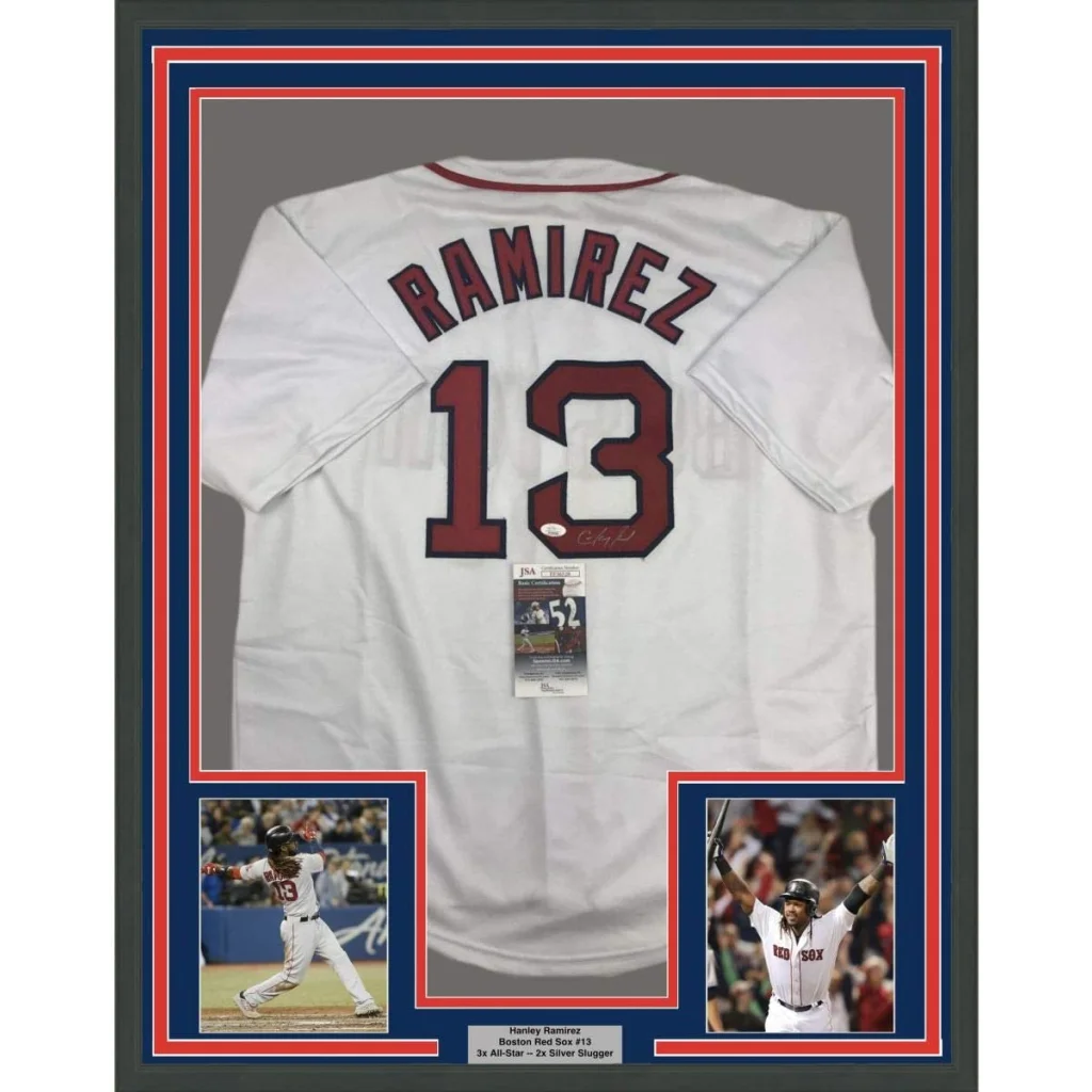 Framed autographed Hanley Ramirez Boston Red Sox white #13 jersey back JSA COA