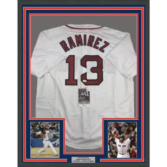 Framed autographed Hanley Ramirez Boston Red Sox white #13 jersey back JSA COA