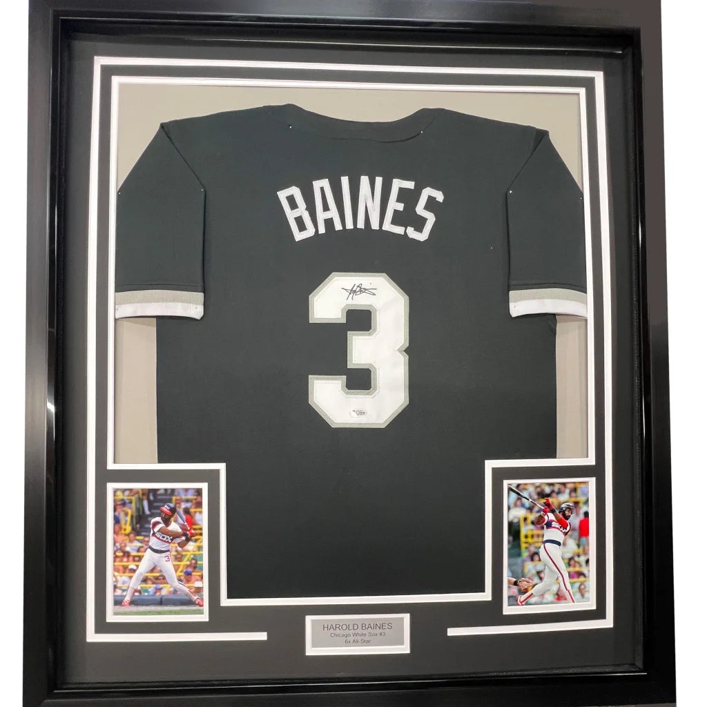 Framed autographed Harold Baines Chicago Black baseball jersey with Beckett BAS COA