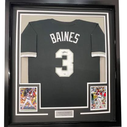 Framed autographed Harold Baines Chicago Black baseball jersey with Beckett BAS COA