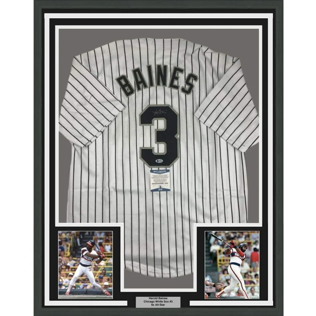 Framed autographed Harold Baines Chicago White Sox pinstripe jersey with name and number