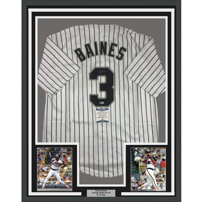 Framed autographed Harold Baines Chicago White Sox pinstripe jersey with name and number
