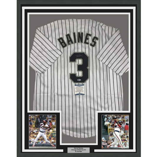Framed Autographed Harold Baines 35x39 Chicago Pinstripe Baseball Jersey Beckett BAS COA | Hall of Fame Sports Memorabilia | vintageantiquesgifts.com