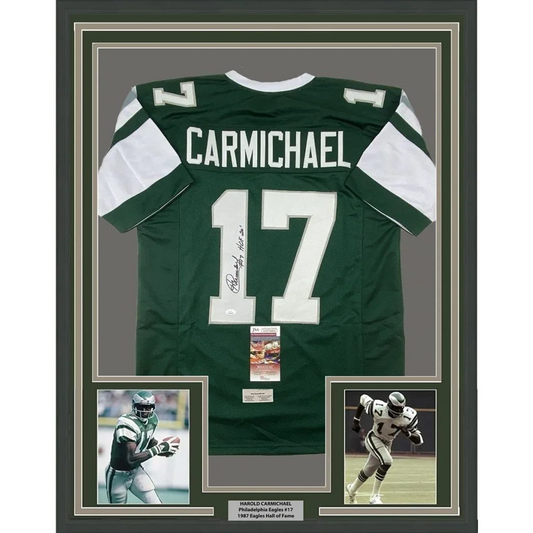 Framed autographed Harold Carmichael Philadelphia Eagles green jersey, #17
