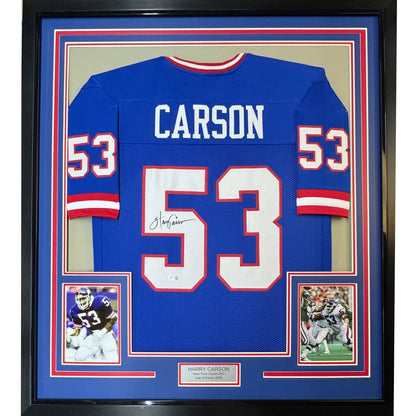 Framed Autographed Harry Carson 35x39 New York Blue Football Jersey Beckett BAS COA | Hall of Fame Sports Memorabilia | vintageantiquesgifts.com