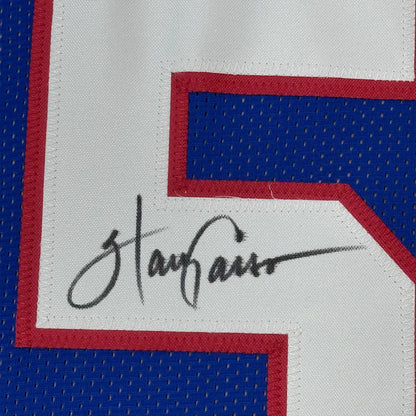 Framed Autographed Harry Carson 35x39 New York Blue Football Jersey Beckett BAS COA | Certified Authentic Signed Memorabilia | vintageantiquesgifts.com